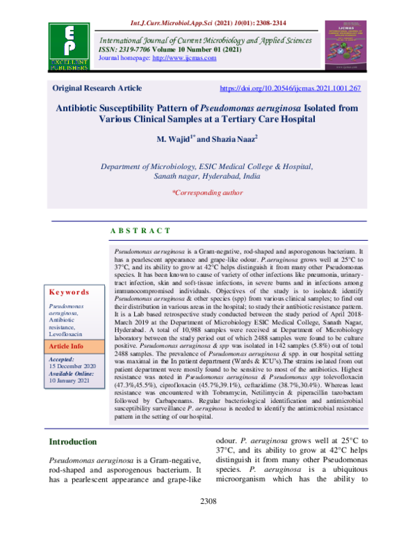 (PDF) Antibiotic Susceptibility Pattern of Pseudomonas aeruginosa ...