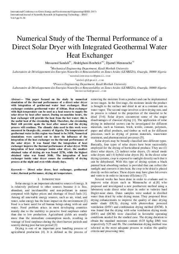 (PDF) Numerical Study of the Thermal Performance of a Direct Solar ...