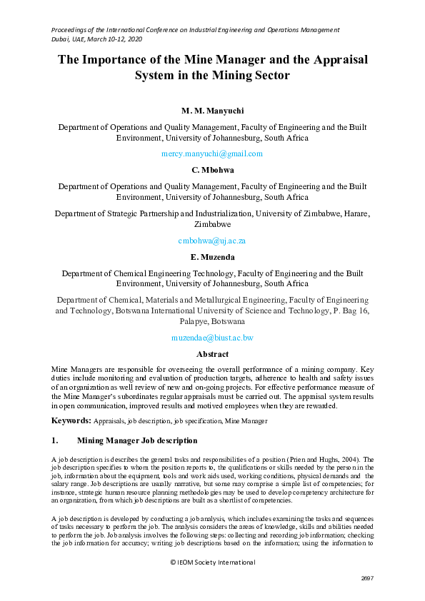 (PDF) The importance of the mine manager and the appraisal system in ...