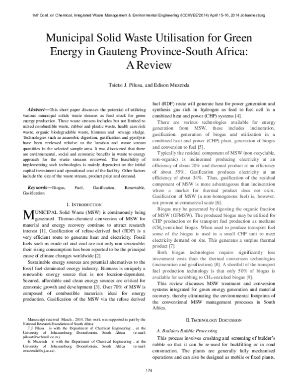 (PDF) Municipal solid waste utilisation for green energy in Gauteng ...