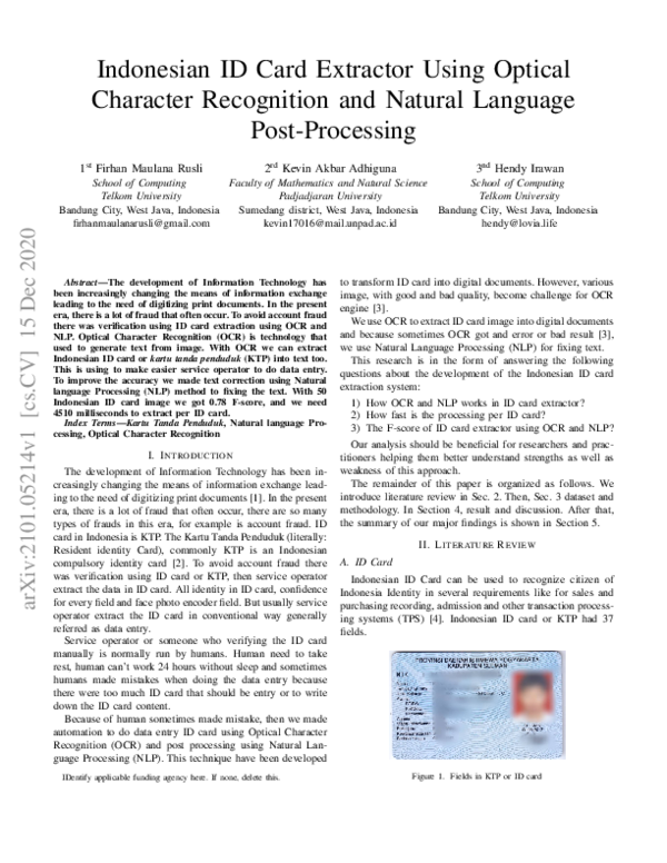 (PDF) Indonesian ID Card Extractor Using Optical Character Recognition ...