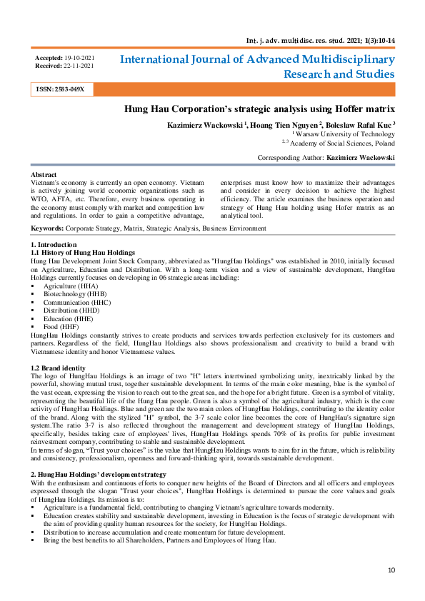 (PDF) Hung Hau Corporation's strategic analysis using Hoffer matrix