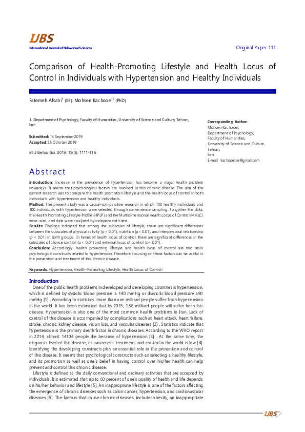(PDF) Comparison of Health-Promoting Lifestyle and Health Locus of ...