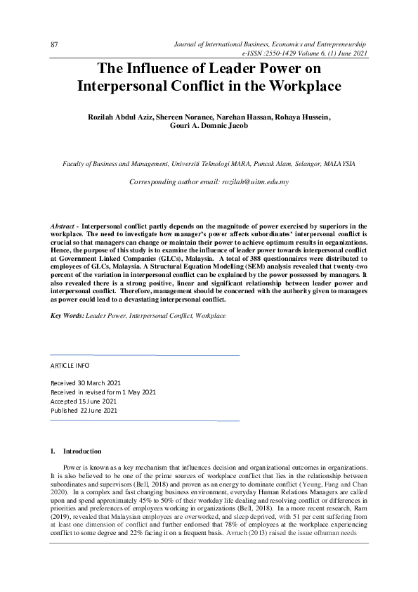 (PDF) The Influence of Leader Power on Interpersonal Conflict in the ...