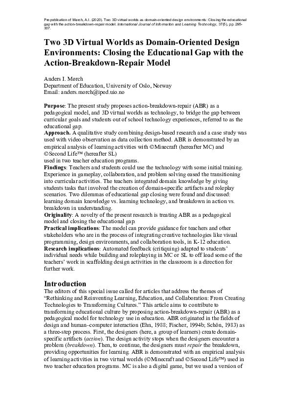 (PDF) Two 3D virtual worlds as domain-oriented design environments ...