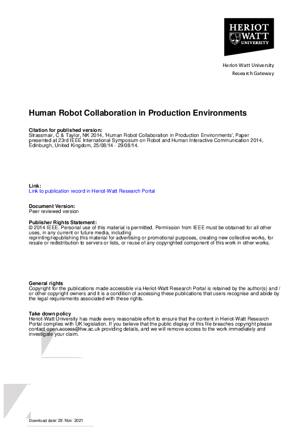 (PDF) Human Robot Collaboration in production environments