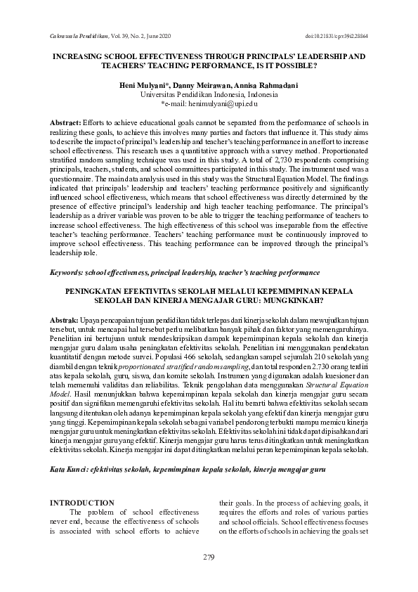 Pdf Increasing School Effectiveness Through Principals Leadership