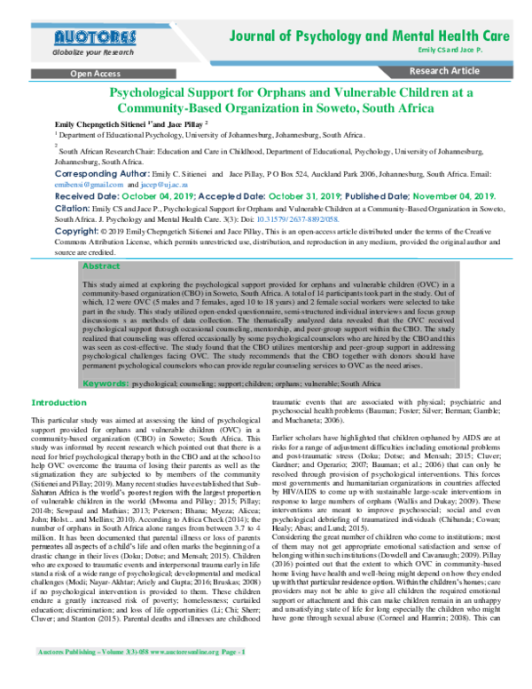 (PDF) Psychological Support for Orphans and Vulnerable Children at a ...