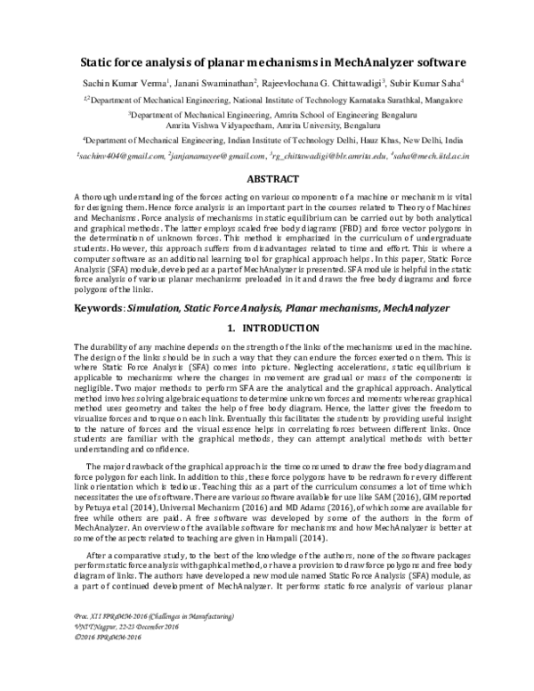 (PDF) Static force analysis of planar mechanisms in MechAnalyzer software