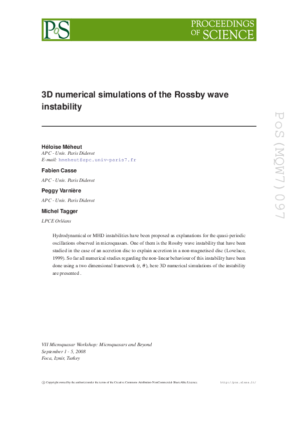 (PDF) 3D numerical simulations of the Rossby wave instability