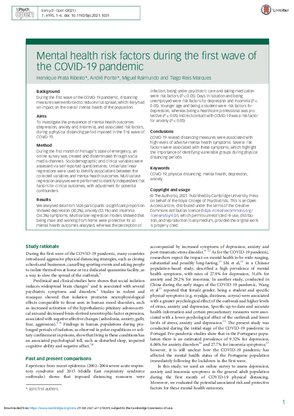 (PDF) Mental health risk factors during the first wave of the COVID-19 ...
