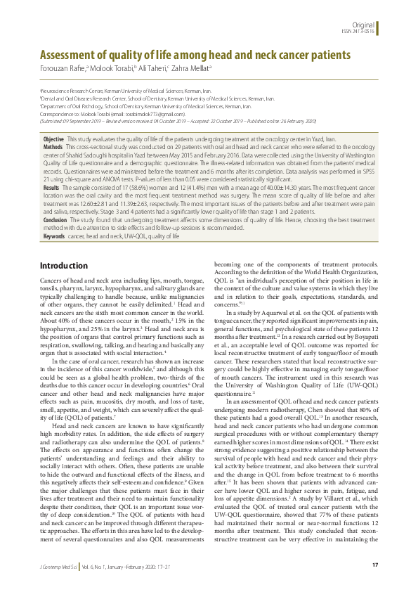 (PDF) Assessment of Quality of Life among Head and Neck Cancer Patients