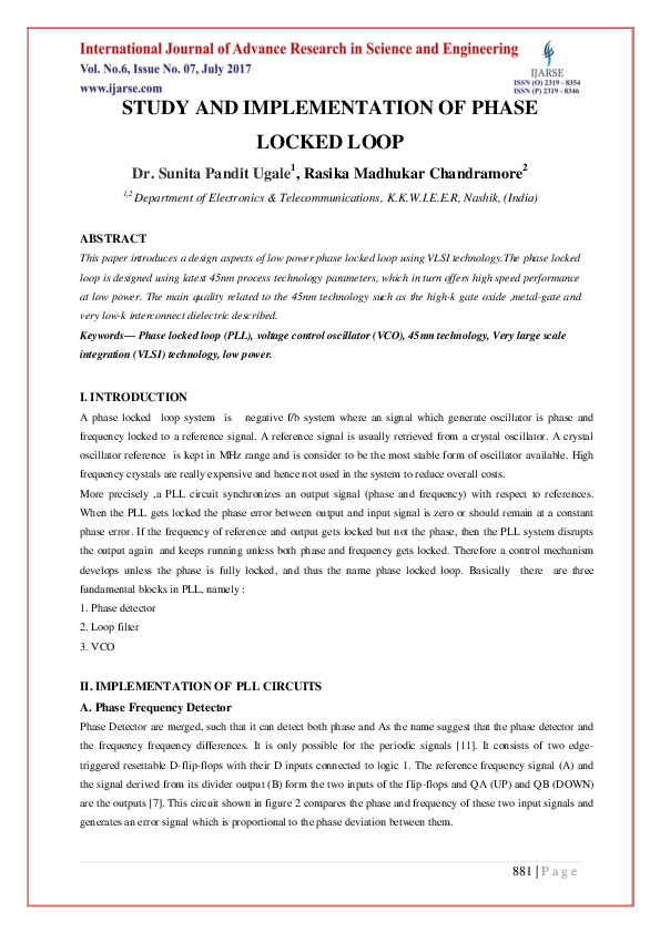 (PDF) Study and Implementation of Phase Locked Loop