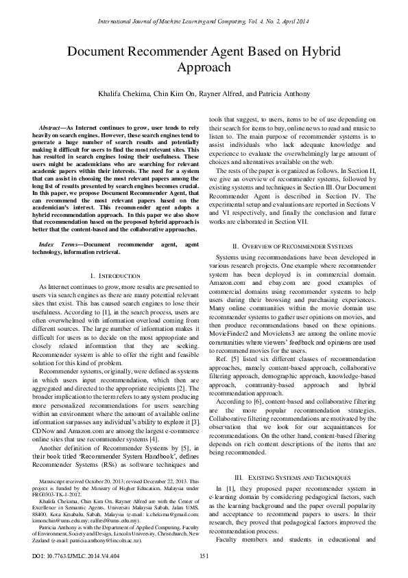 (PDF) Recommender Agent Based on Hybrid Approach
