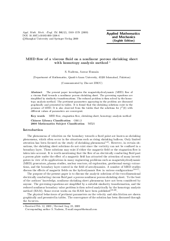 (PDF) MHD Flow of Viscous Fluid on Nonlinear Porous Shrinking Sheet