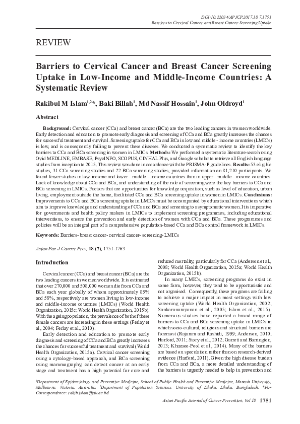(PDF) Barriers to Cervical Cancer and Breast Cancer Screening Uptake in ...