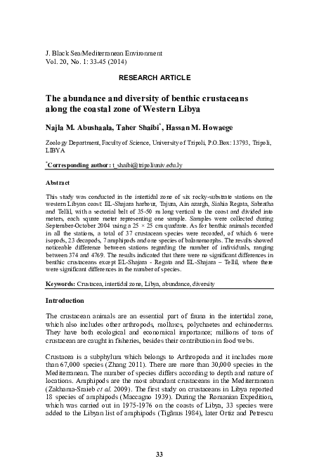(PDF) The abundance and diversity of benthic crustaceans along the ...