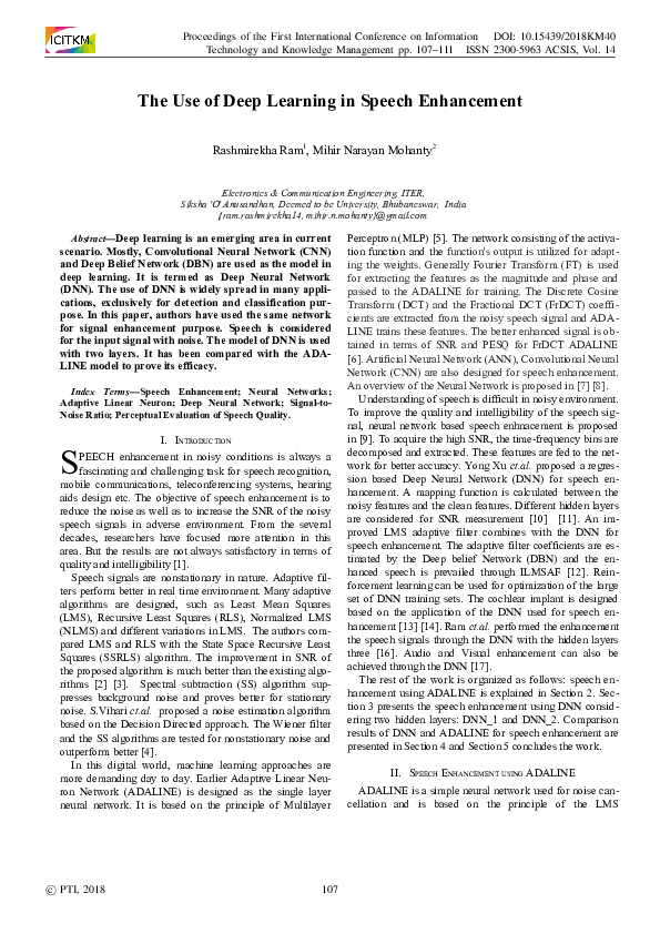 (PDF) The Use of Deep Learning in Speech Enhancement Rashmirekha Ram