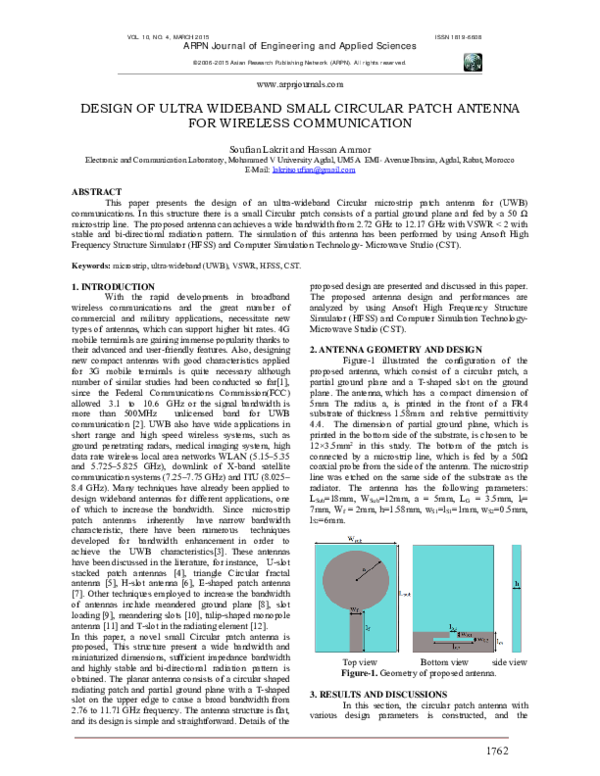 (PDF) Design of Ultra Wideband Small Circular Patch Antenna for ...