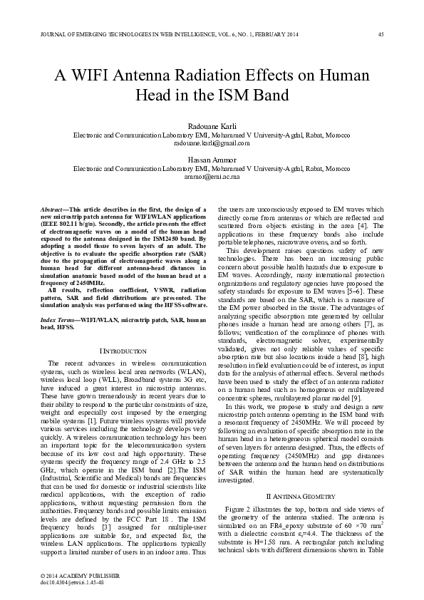 (PDF) A WIFI Antenna Radiation Effects on Human Head in the ISM Band