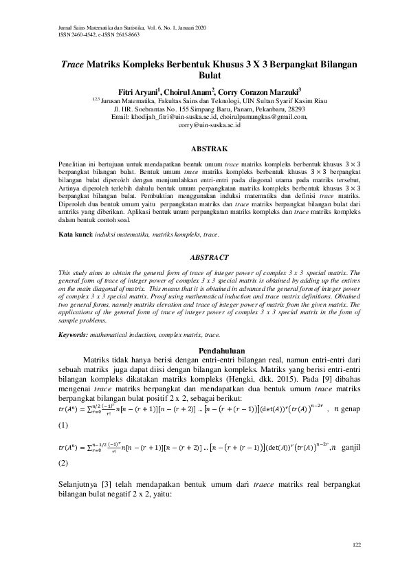 (PDF) Trace Matriks Kompleks Berbentuk Khusus 3 X 3 Berpangkat Bilangan