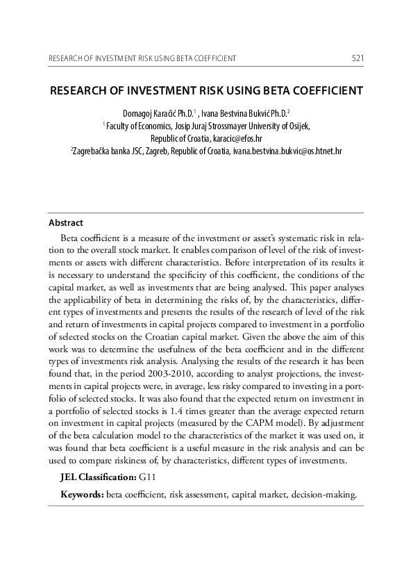 (PDF) Research Of Investment Risk Using Beta Coefficient
