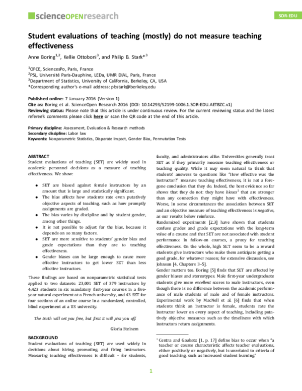 (PDF) Student Evaluations of Teaching (Mostly) Do Not Measure Teaching ...