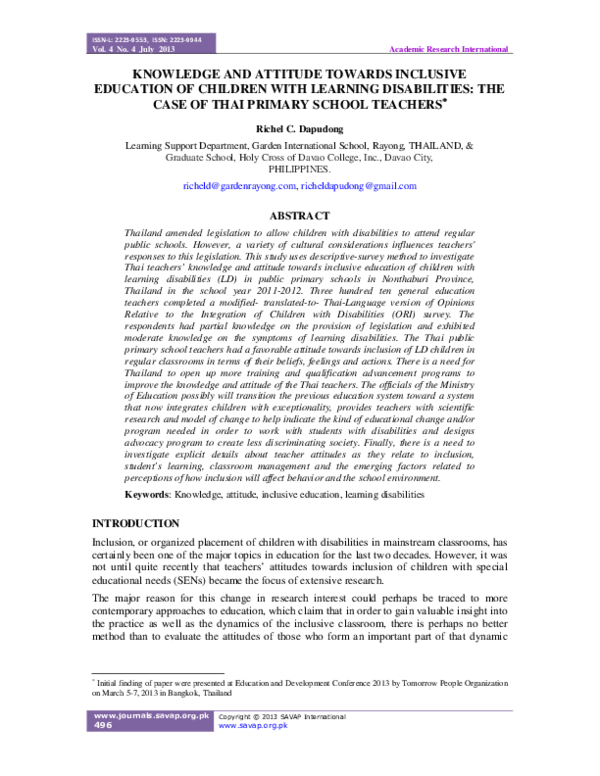 (PDF) Knowledge and Attitude Towards Inclusive Education of Children ...