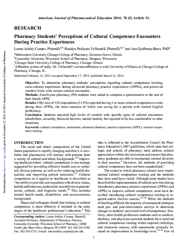 (PDF) Pharmacy Students' Perceptions of Cultural Competence Encounters ...