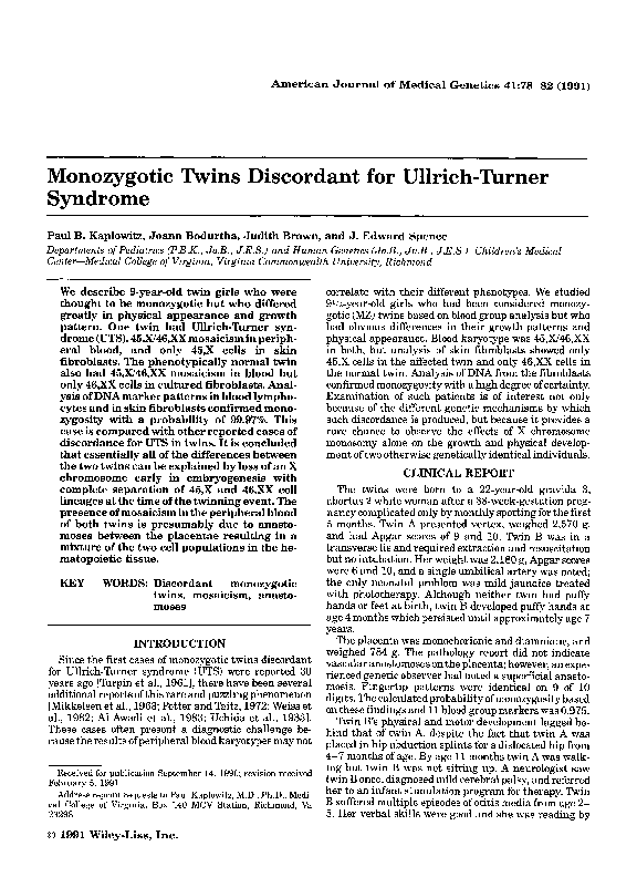 (PDF) Monozygotic twins discordant for Ullrich‐Turner syndrome