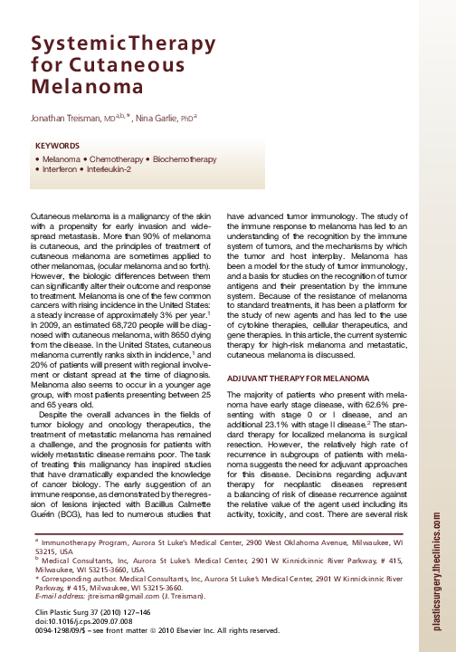 (PDF) Systemic Therapy for Cutaneous Melanoma