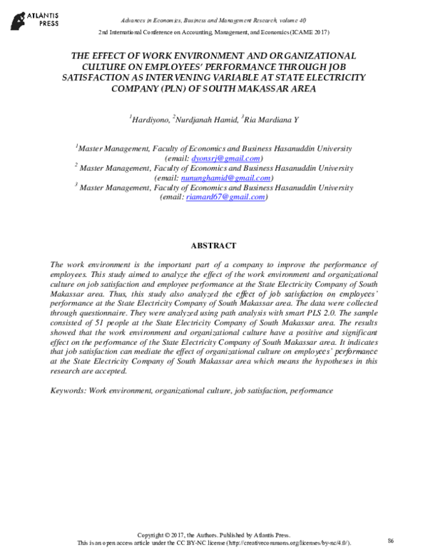 (PDF) The Effect Of Work Environment And Organizational Culture On ...