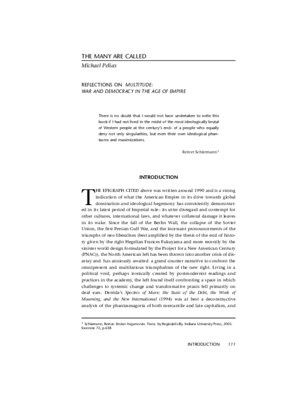 (PDF) The Many are Called: Reflections on Multitude: War and Deomcracy ...