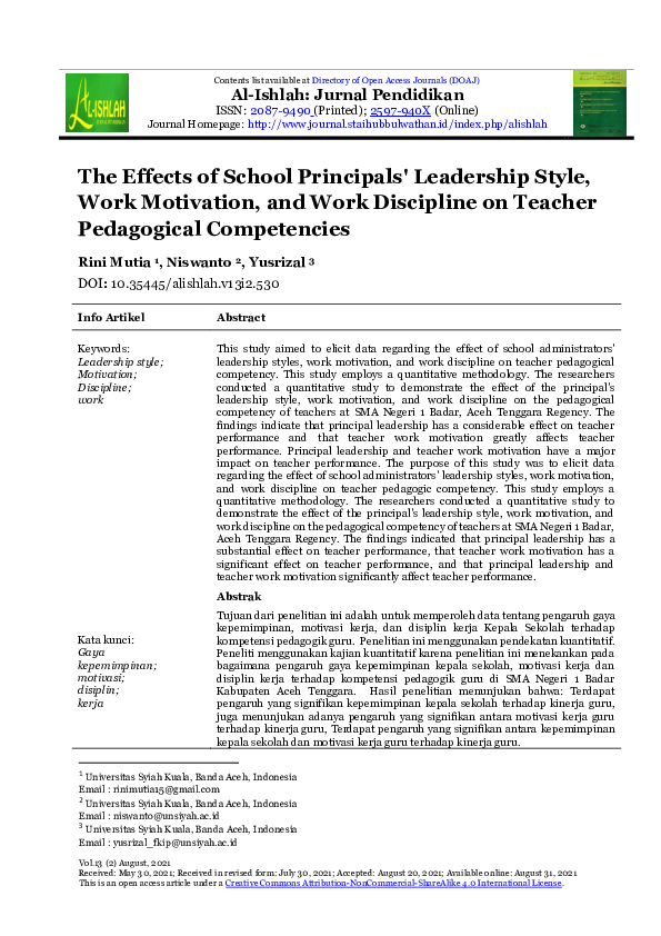 (PDF) The Effects of School Principals' Leadership Style, Work ...