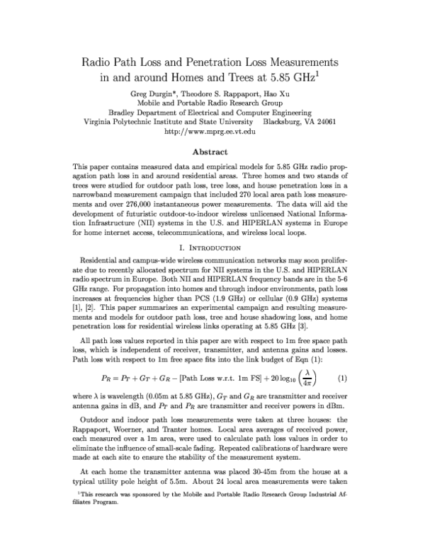 (PDF) Radio path loss and penetration loss measurements in and around ...