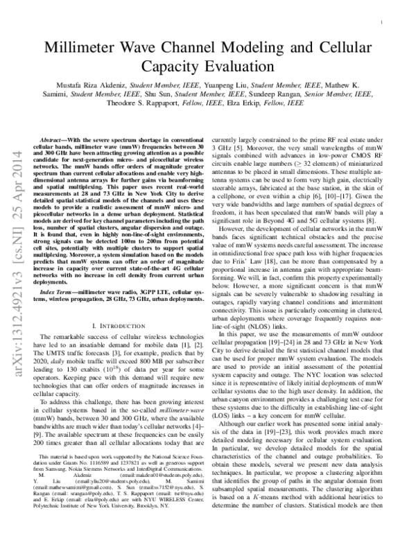 (PDF) Millimeter Wave Channel Modeling and Cellular Capacity Evaluation