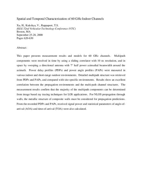 (PDF) Spatial and temporal characterization of 60 GHz indoor channels