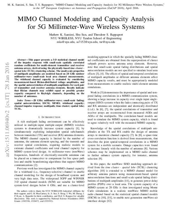 (PDF) MIMO channel modeling and capacity analysis for 5G millimeter ...