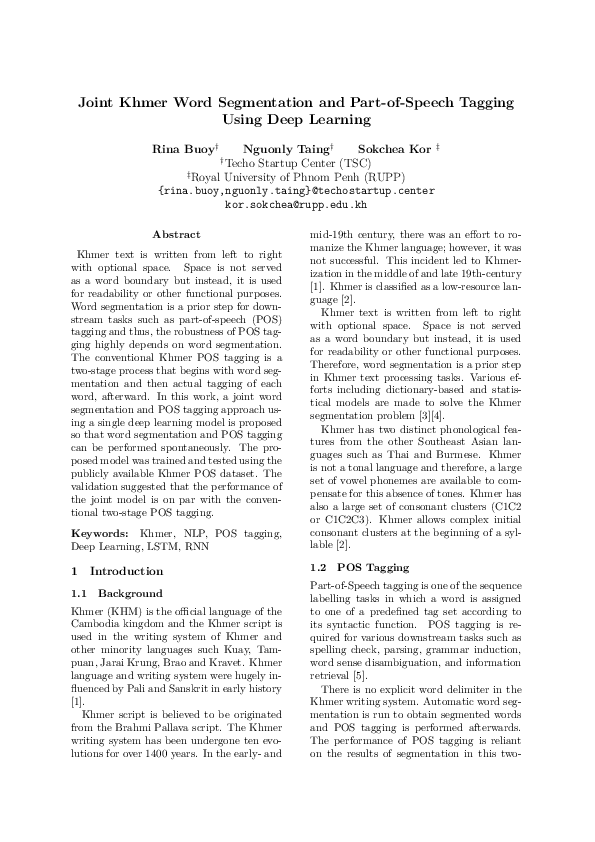 (PDF) Joint Khmer Word Segmentation and Part-of-Speech Tagging Using ...