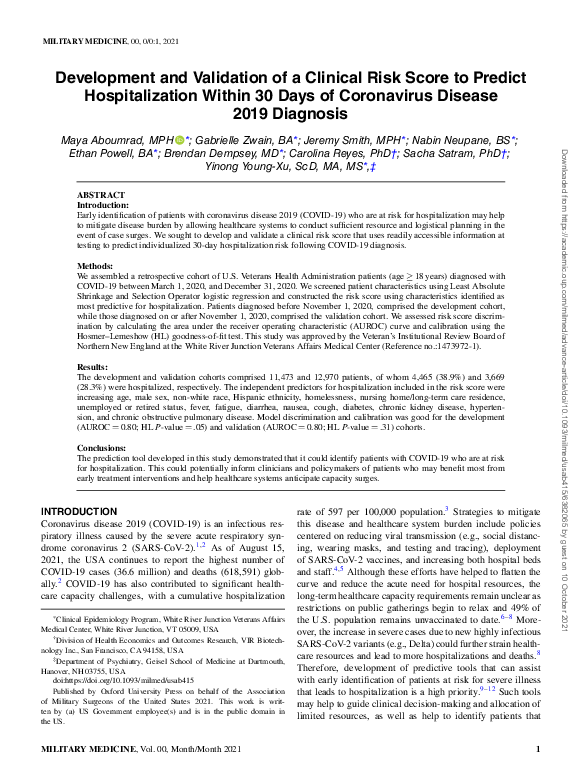 (PDF) Development and Validation of a Clinical Risk Score to Predict ...