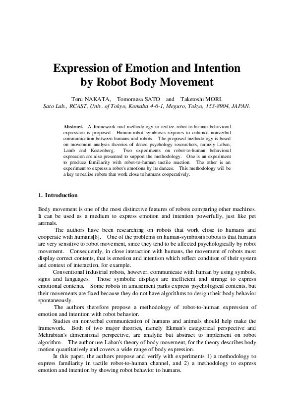 (PDF) Expression of Emotion and Intention by Robot Body