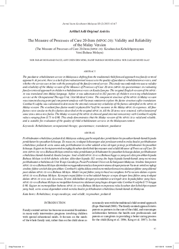 (PDF) The Measure of Processes of Care 20-Item (MPOC-20): Validity and ...