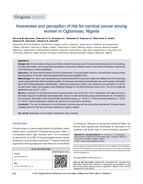 (PDF) Awareness and perception of risk for cervical cancer among women ...