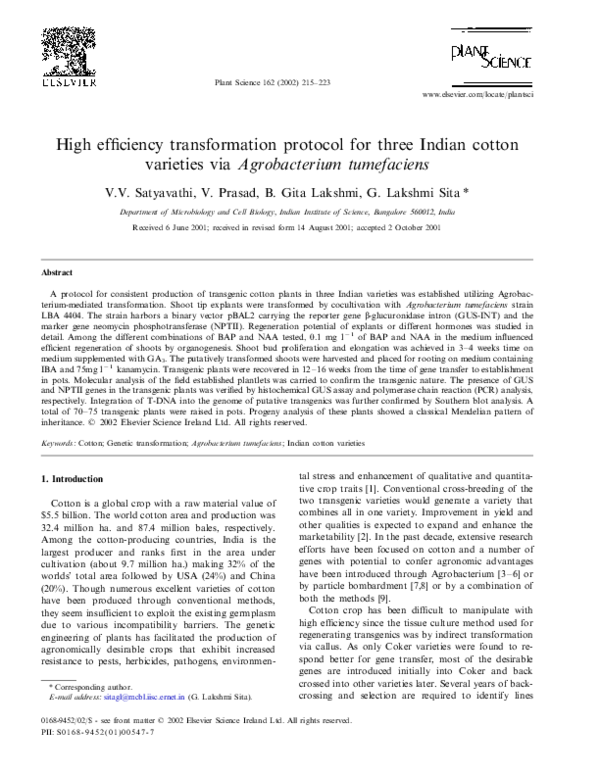 (PDF) High efficiency transformation protocol for three Indian cotton ...