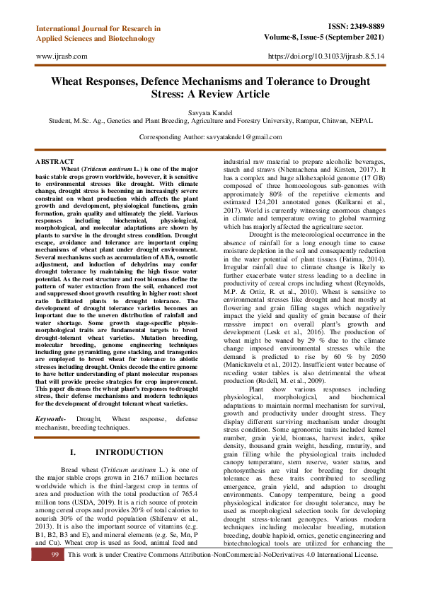 (PDF) Wheat Responses, Defence Mechanisms and Tolerance to Drought ...