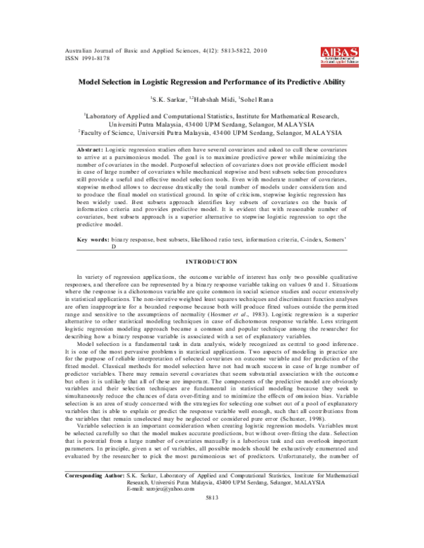 (PDF) Model Selection in Logistic Regression and Performance of its ...