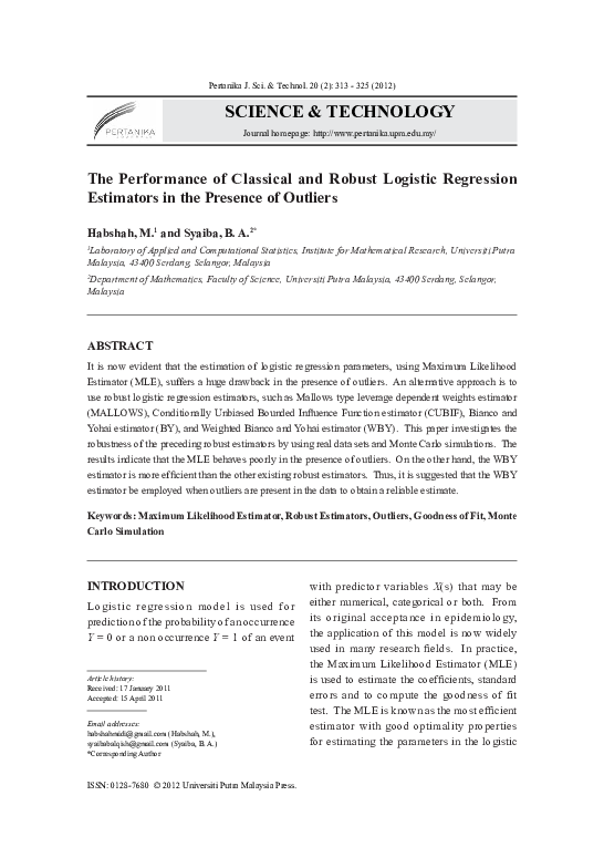 (PDF) The performance of classical and robust logistic regression ...