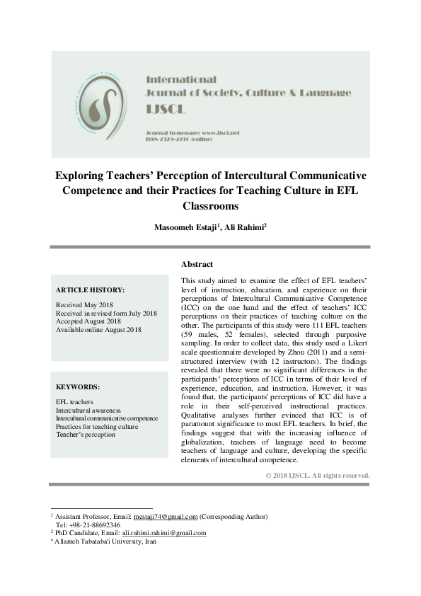 (PDF) Exploring Teachers’ Perception of Intercultural Communicative ...