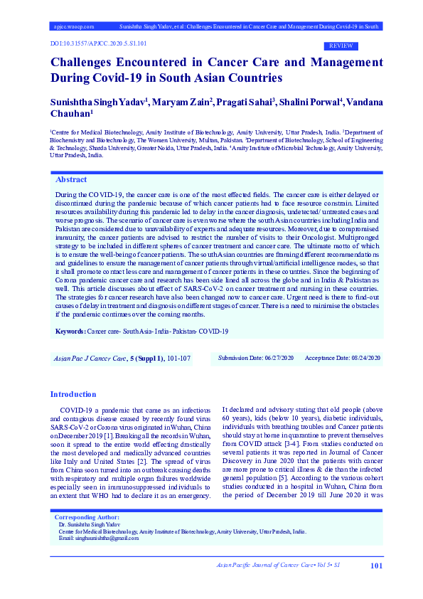 (PDF) Challenges Encountered in Cancer Care and Management During Covid ...