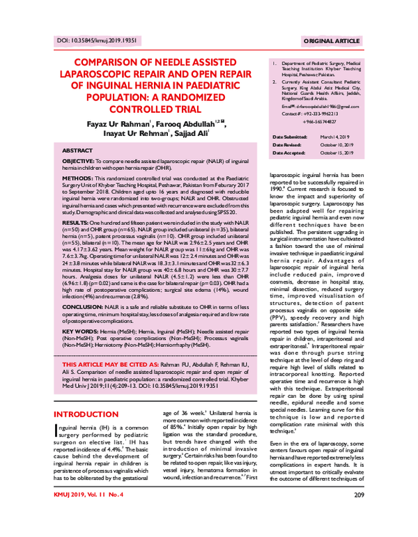 (PDF) Comparison of Needle Assisted Laparoscopic Repair and Open Repair ...